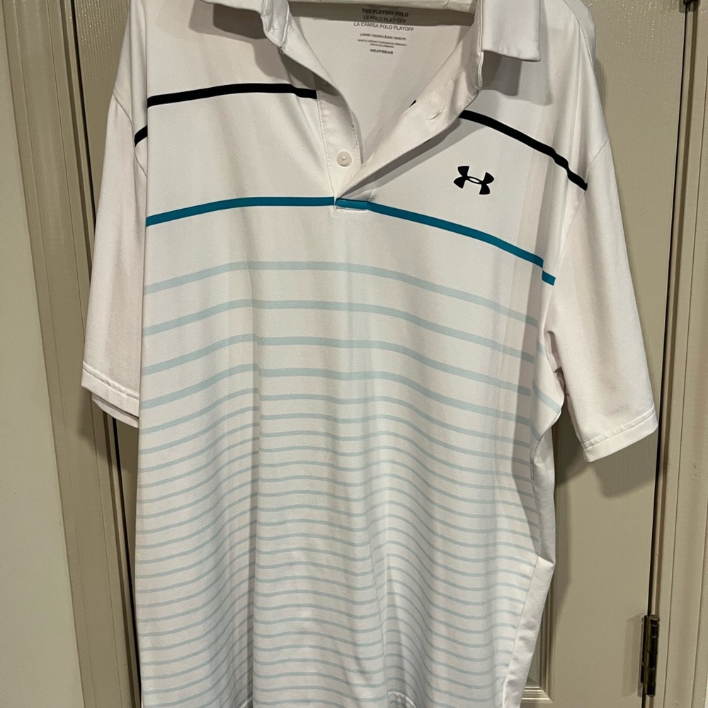 Under Armour White Polo with Black and Teal Stripes
